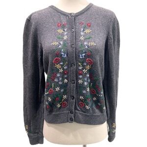 Floral Embroidered Gray Cardigan Sweater Liz Claiborne Cotton Wool Blend Vintage